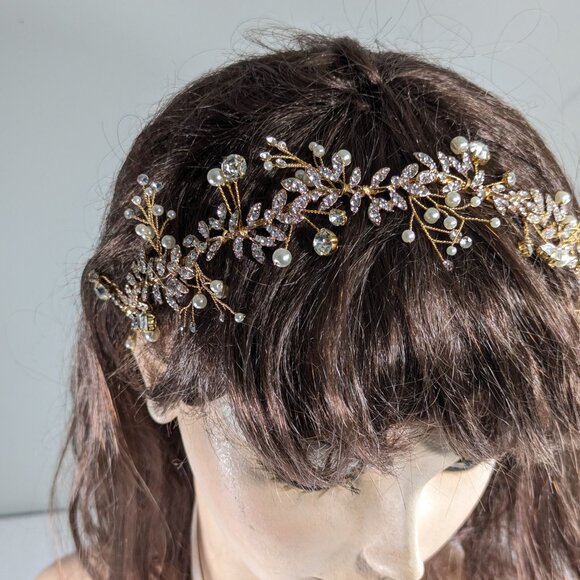 Summer Goddess bridal headband, wedding accessory hairstyle gold pearl crystals - Picture 7 of 11